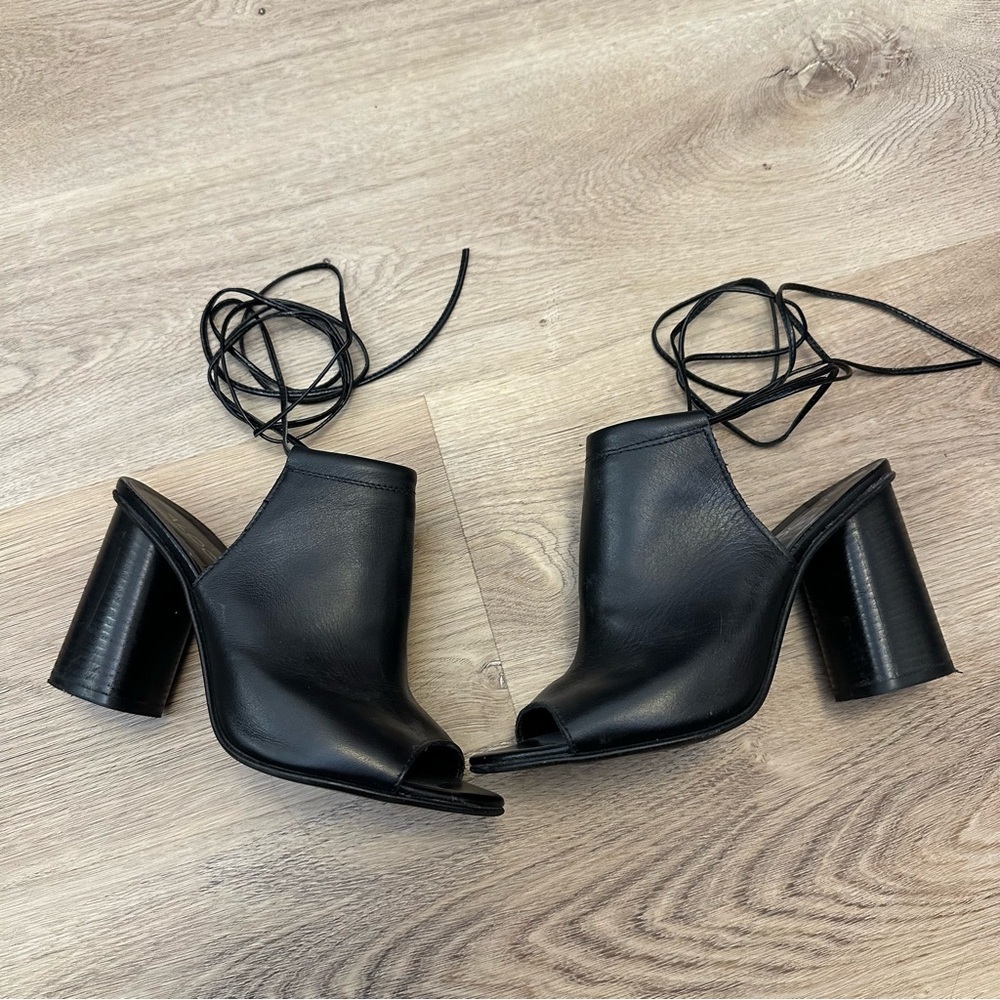 Aldo Black Leather Peep Toe Mules with Block Heel and Lace Up Detail